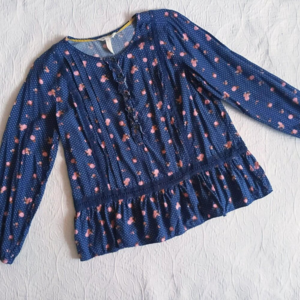 Matilda Jane Long Sleeved Blouse Navy Blue Polka Dots Flowers - Picture 2 of 8